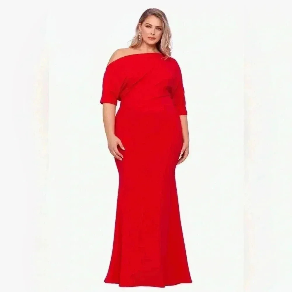 Betsy & Adam PLUS "MADELINE" LONG SCUBA CREPE OFF THE SHOULDER DROP DRESS